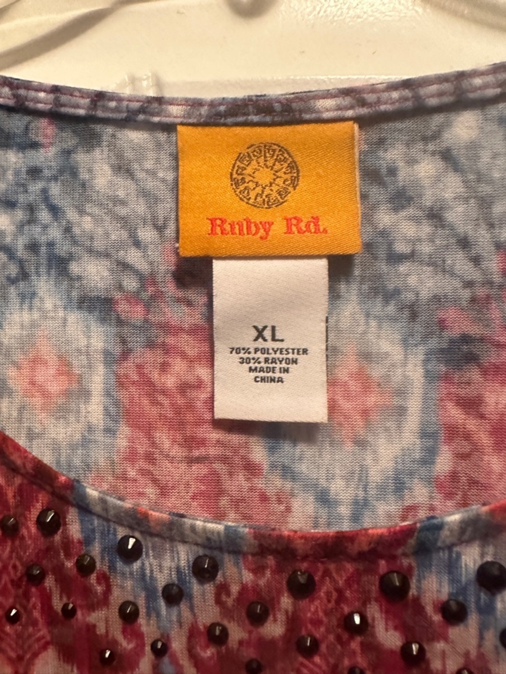 Ruby Rd. Red, Blue & Cream Beaded Ikat-Style Top - Picture 2 of 3